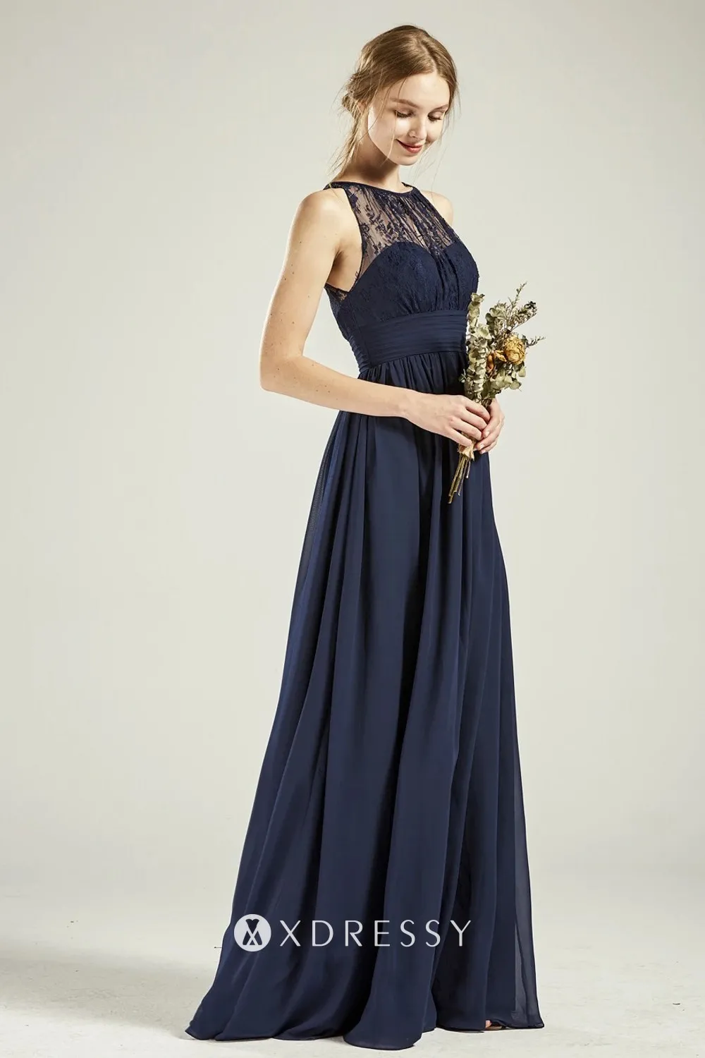 Lace navy blue bridesmaid gown