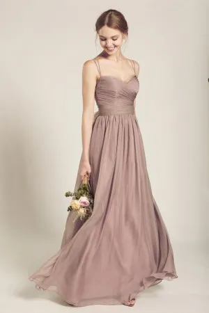 pleated spaghetti straps sepia long bridesmaid dress