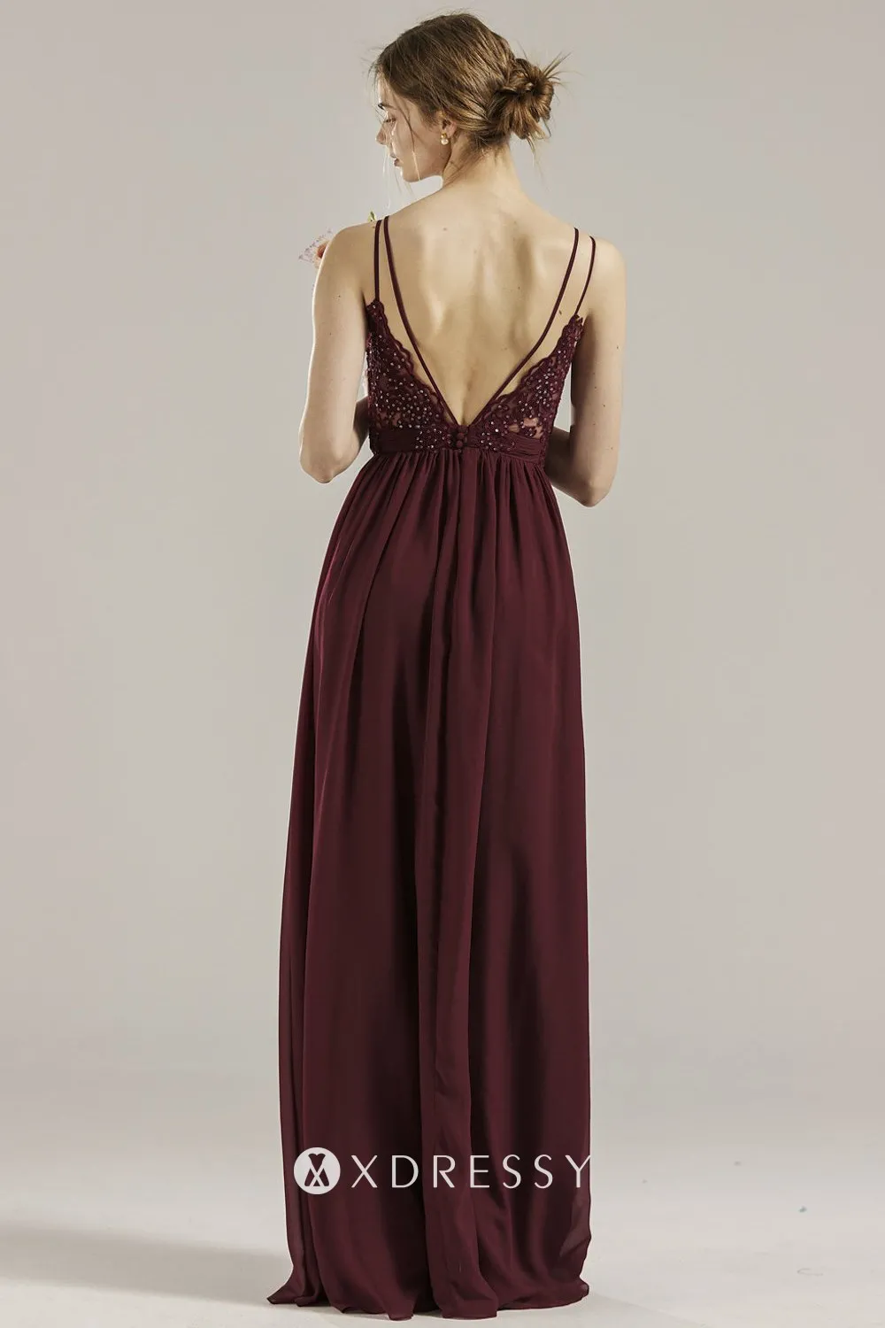 beaded lace low V back maroon chiffon bridesmaid dress beaded lace low V back maroon chiffon bridesmaid dress