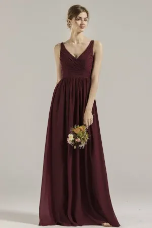 pleated strap v neck maroon chiffon bridesmaid dress