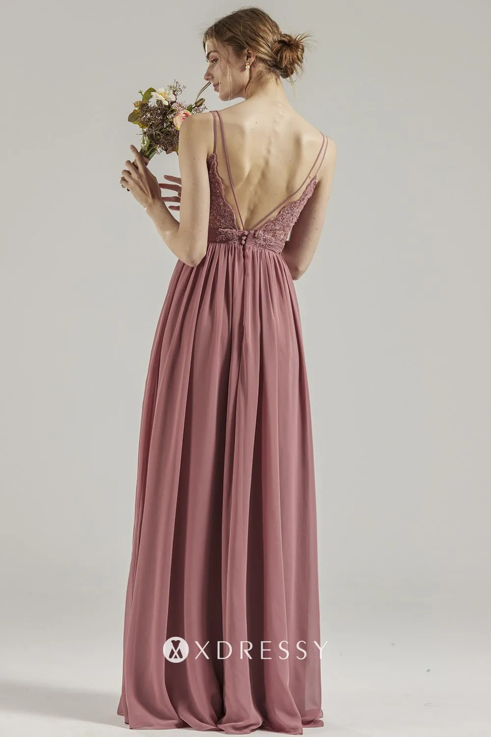 lace low V back ruched rose chiffon bridesmaid dress