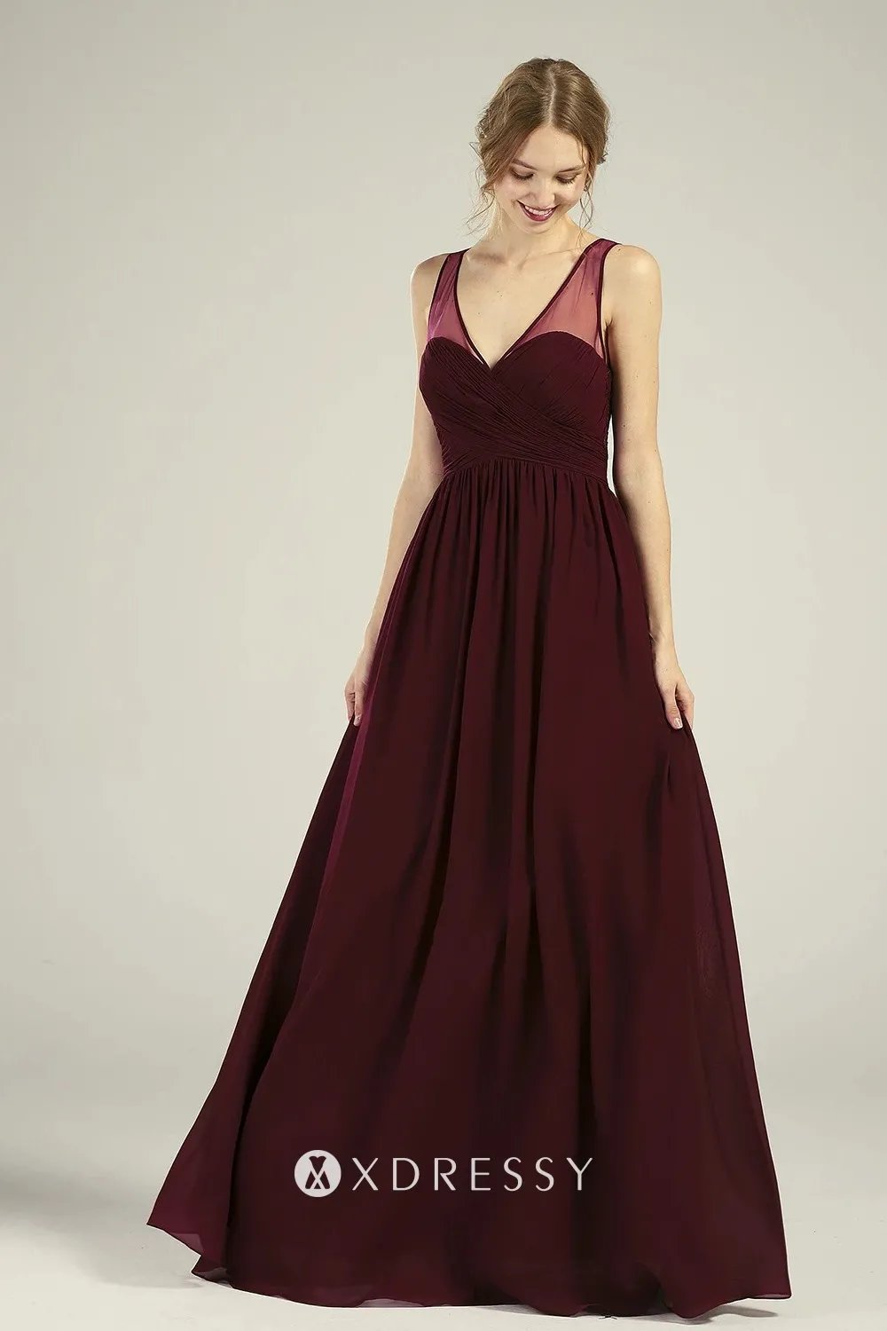 Lace and Chiffon Full Length Dress with V-neck Burgundy Plus Size