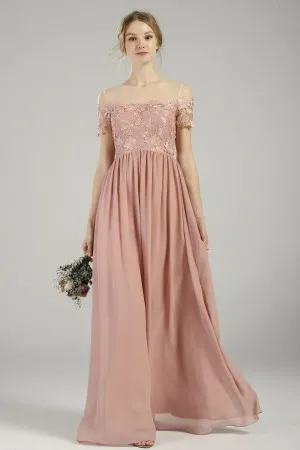 illusion neck short lace sleeves blush bridesmaid dress