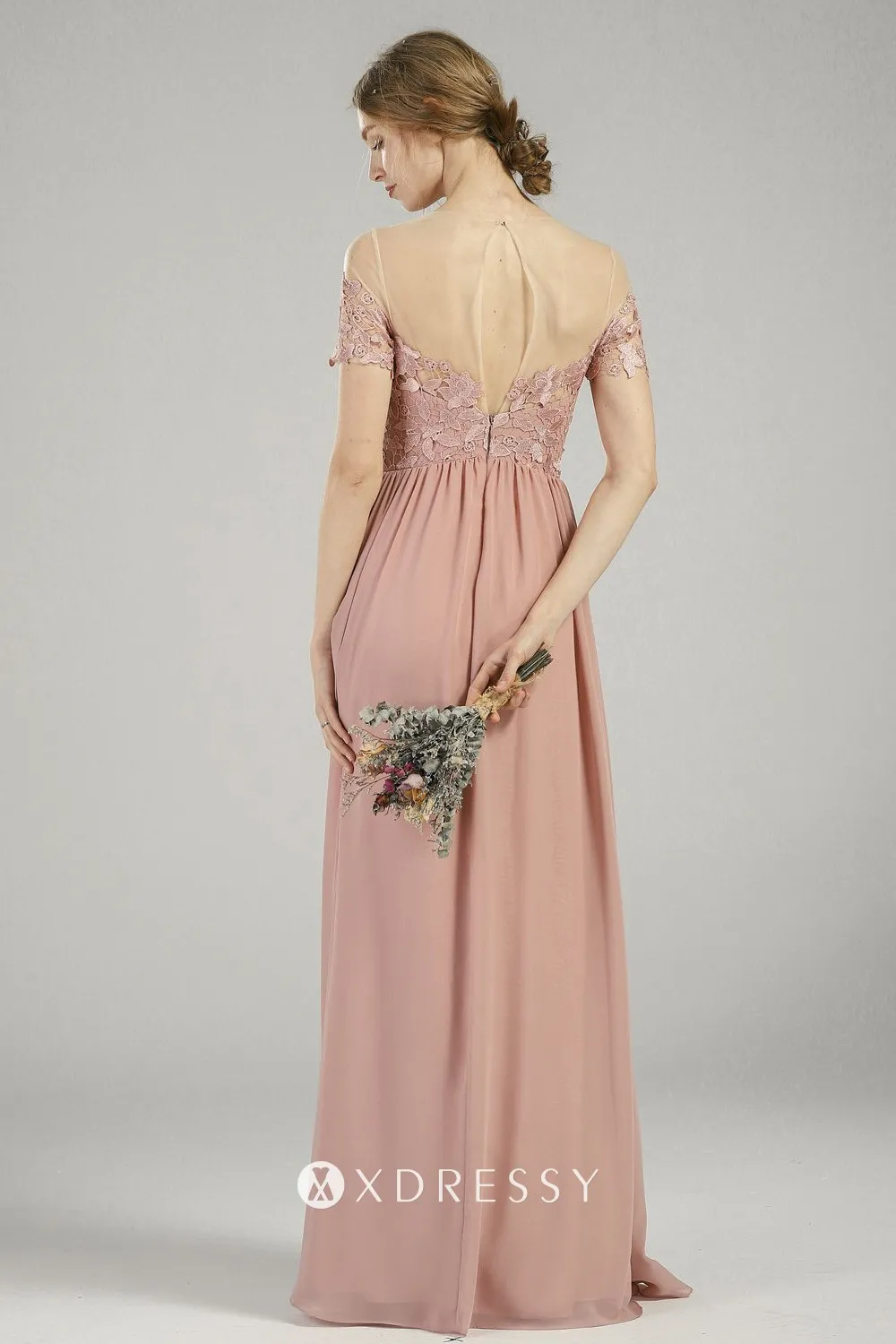 keyhole sheer back blush bridesmaid dress