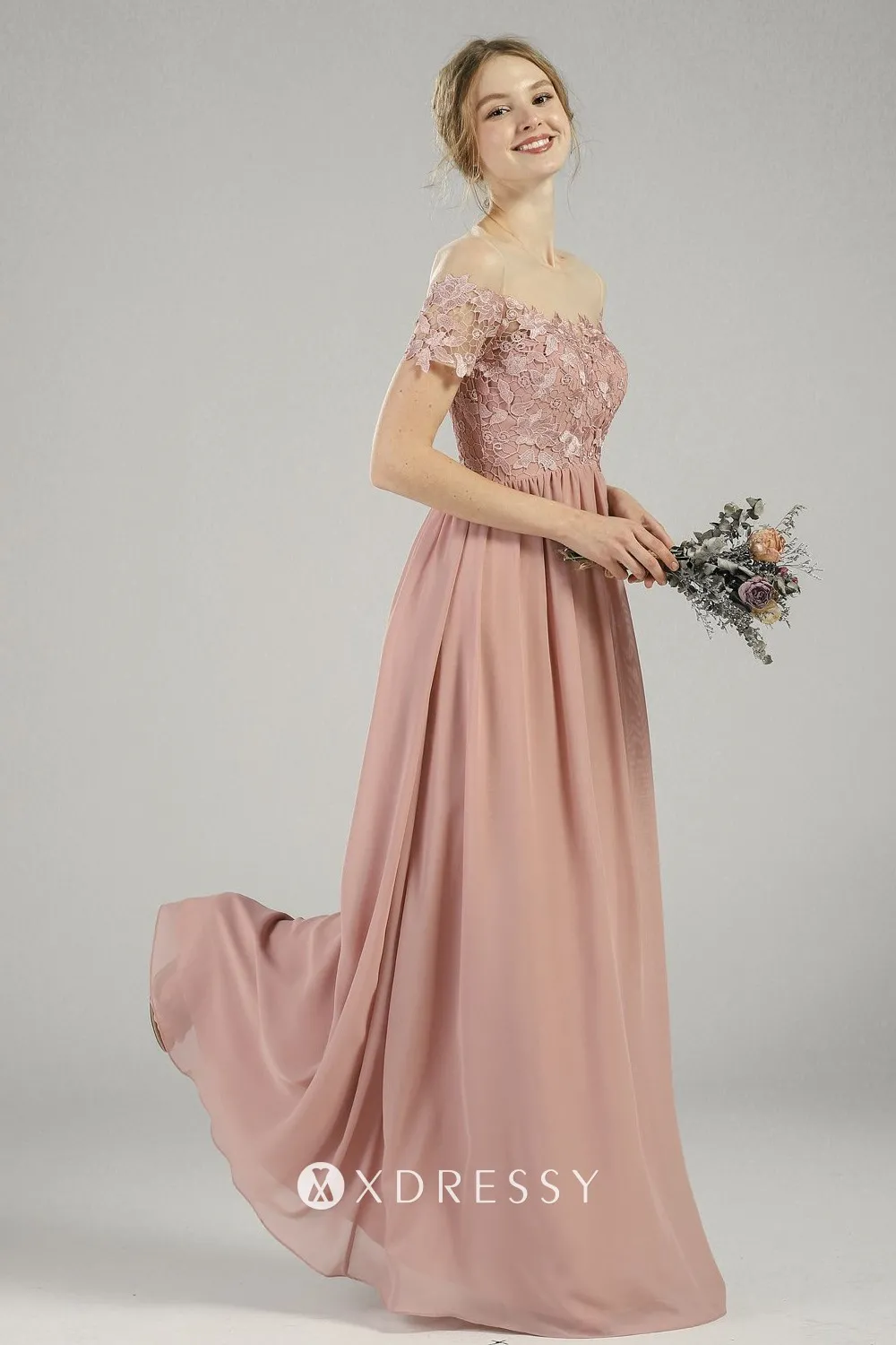 short sleeves floral lace bodice blush bridesmaid dress
