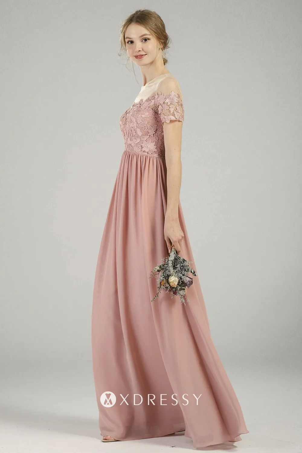 transparent neckline floral lace blush bridesmaid dress