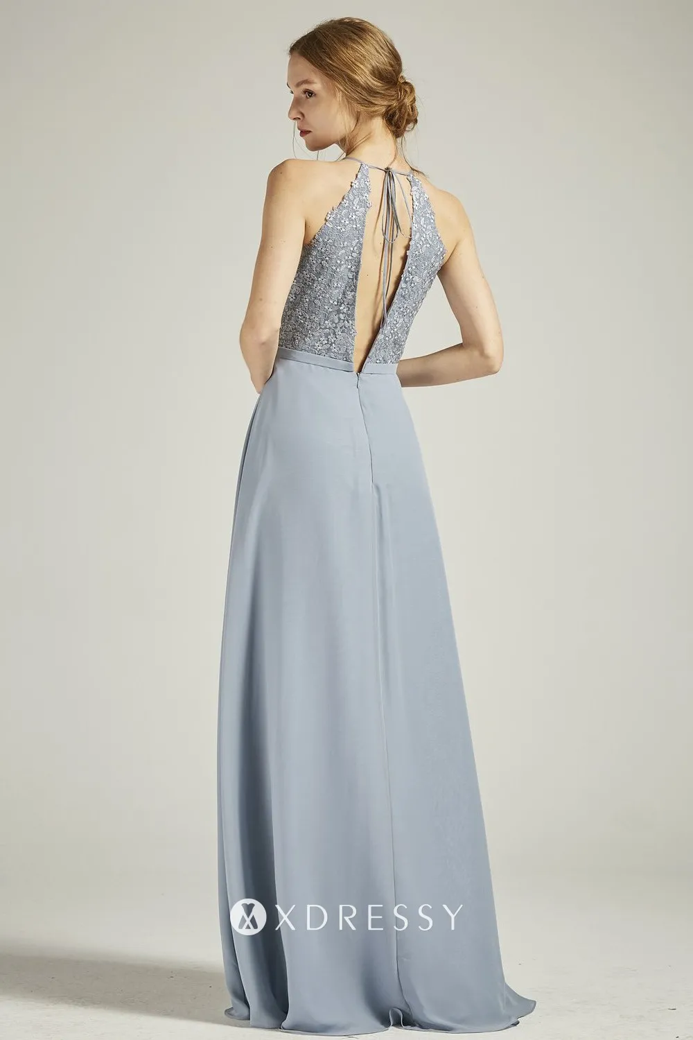 halter low V back blue bridesmaid dress halter low V back blue bridesmaid dress