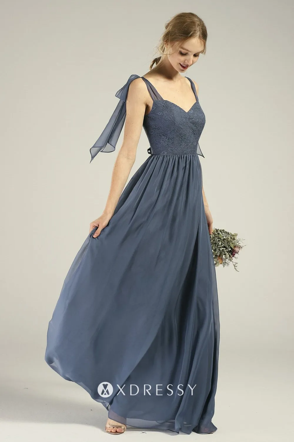 Flowy Adjustable Straps Steel Blue Bridesmaid Dress - Xdressy