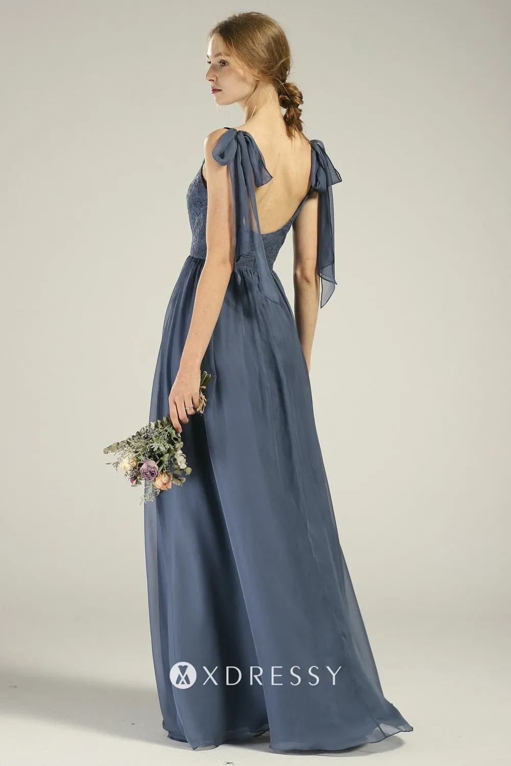 bow straps open U back steel blue bridesmaid dress bow straps open U back steel blue bridesmaid dress