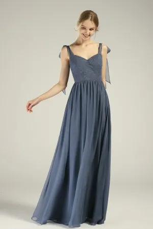 flowy adjustable straps steel blue bridesmaid dress