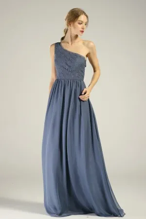 unique one shoulder strap steel blue lace chiffon dress