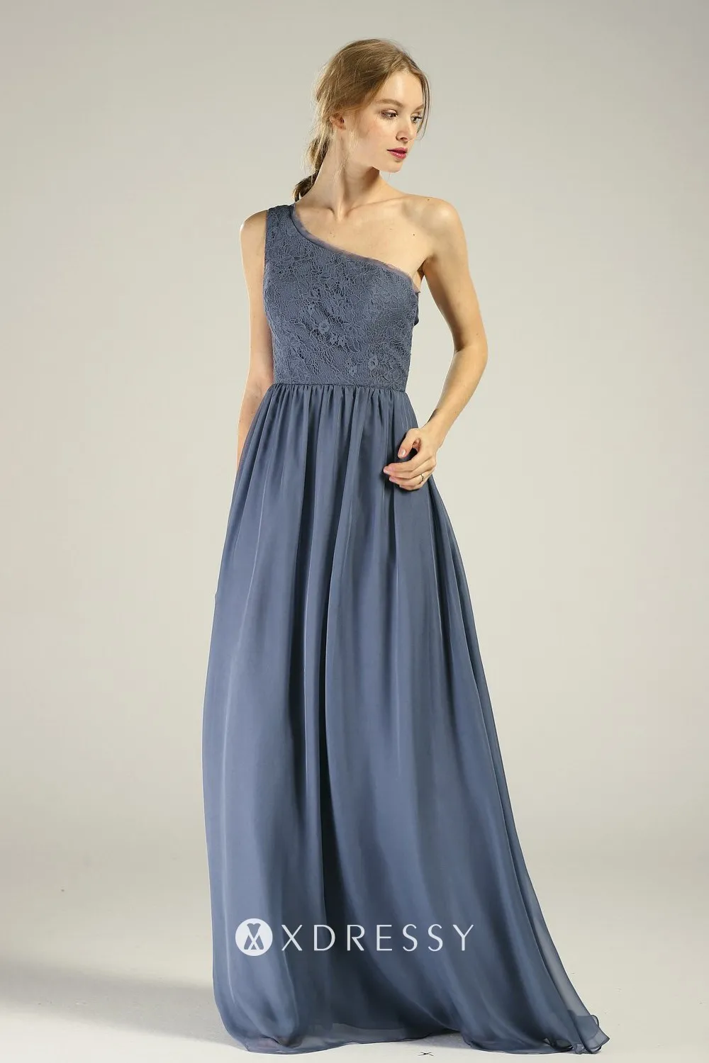 Unique One Shoulder Strap Steel Blue Lace Chiffon Dress Xdressy