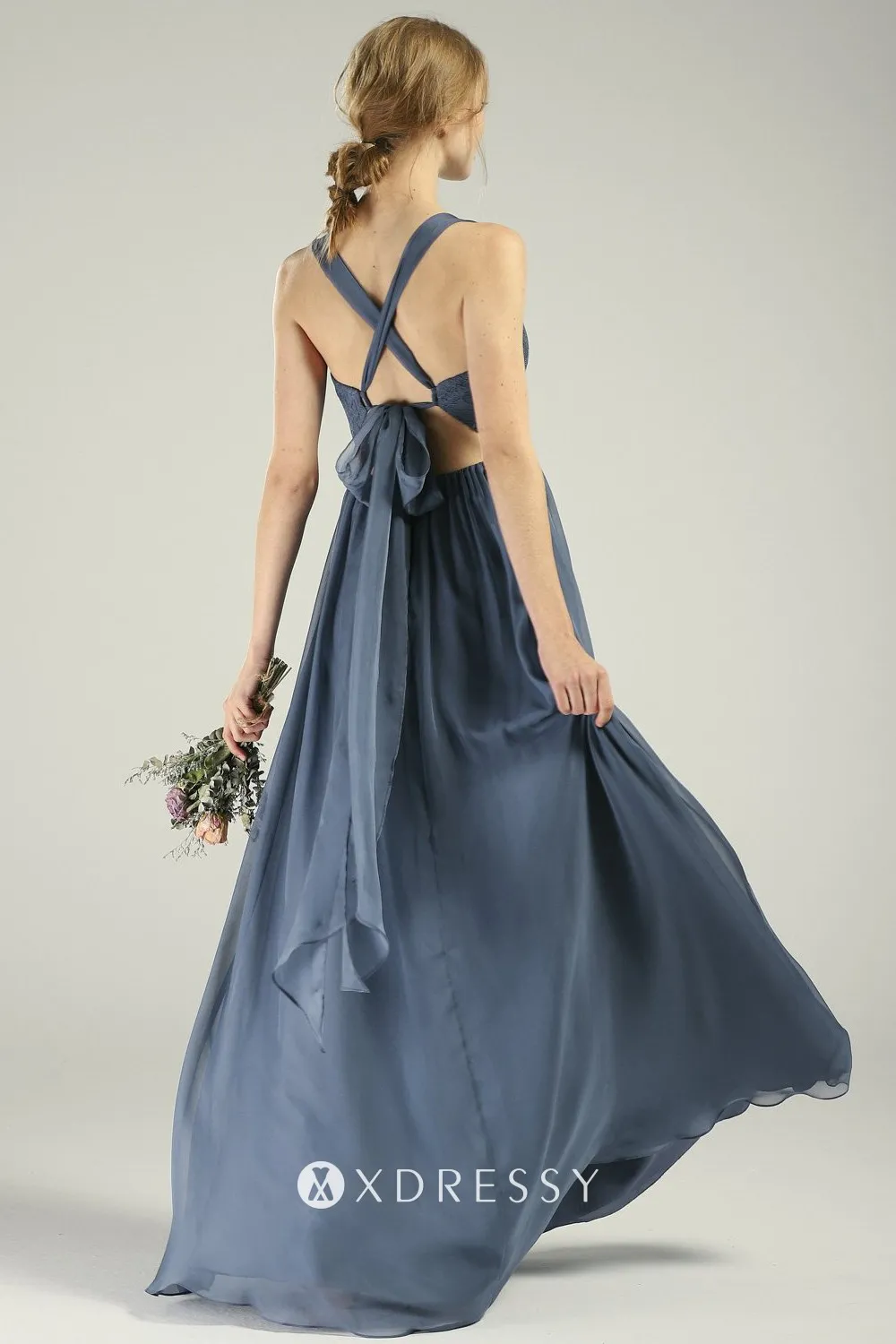 criss crossed strap back steel blue bridesmaid dress
