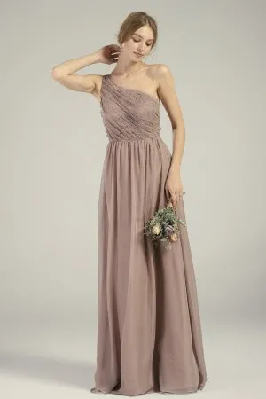 pleated one shoulder ruffled back mocha chiffon dress