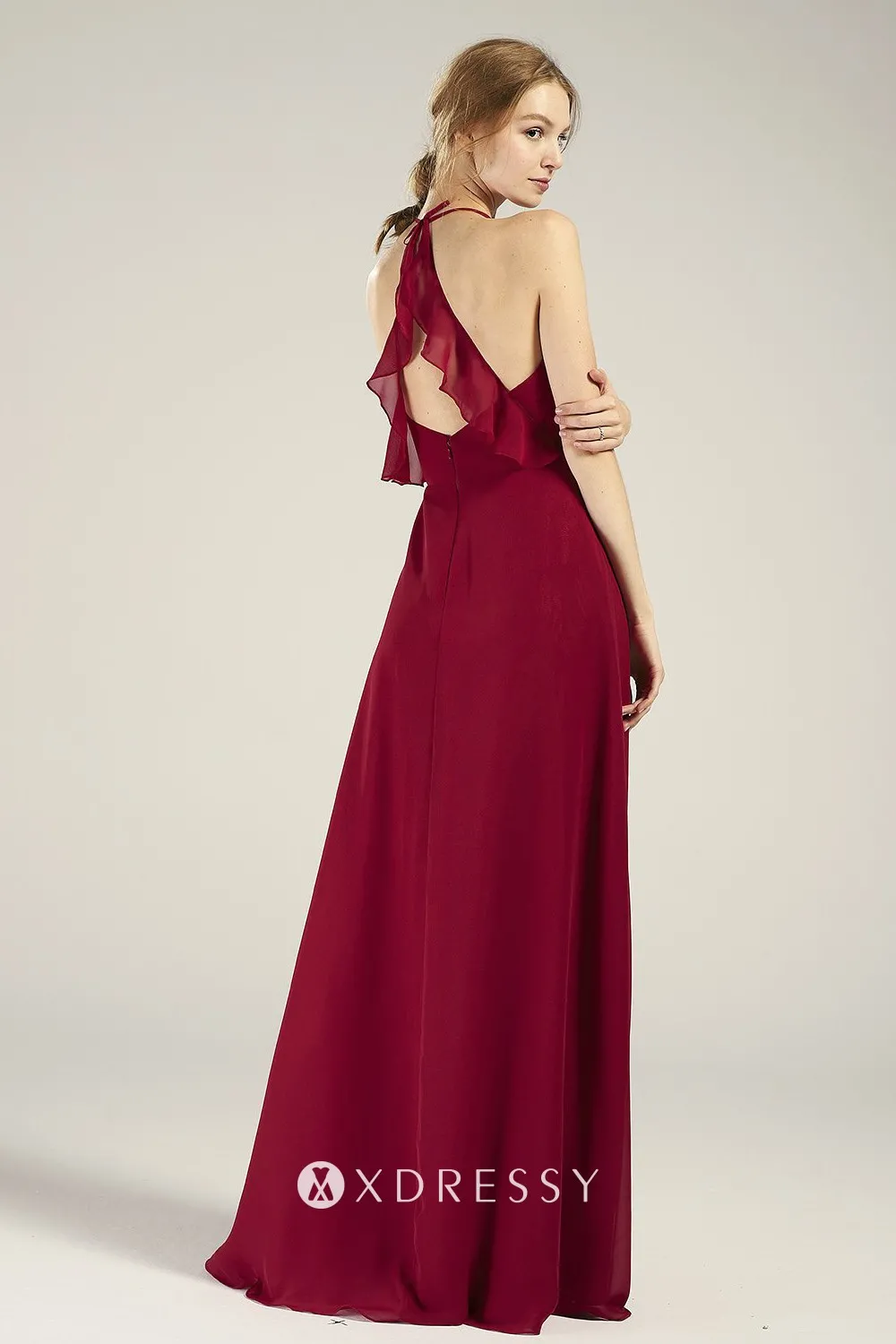 halter ruffled back ruby chiffon long dress halter ruffled back ruby chiffon long dress