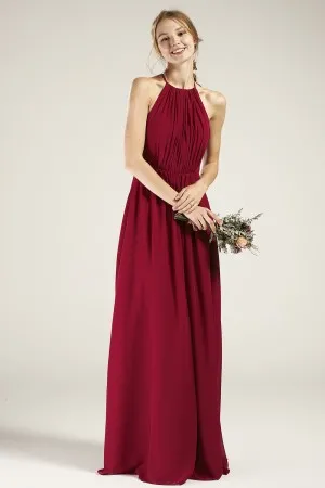 ruched halter ruffled back ruby chiffon long dress
