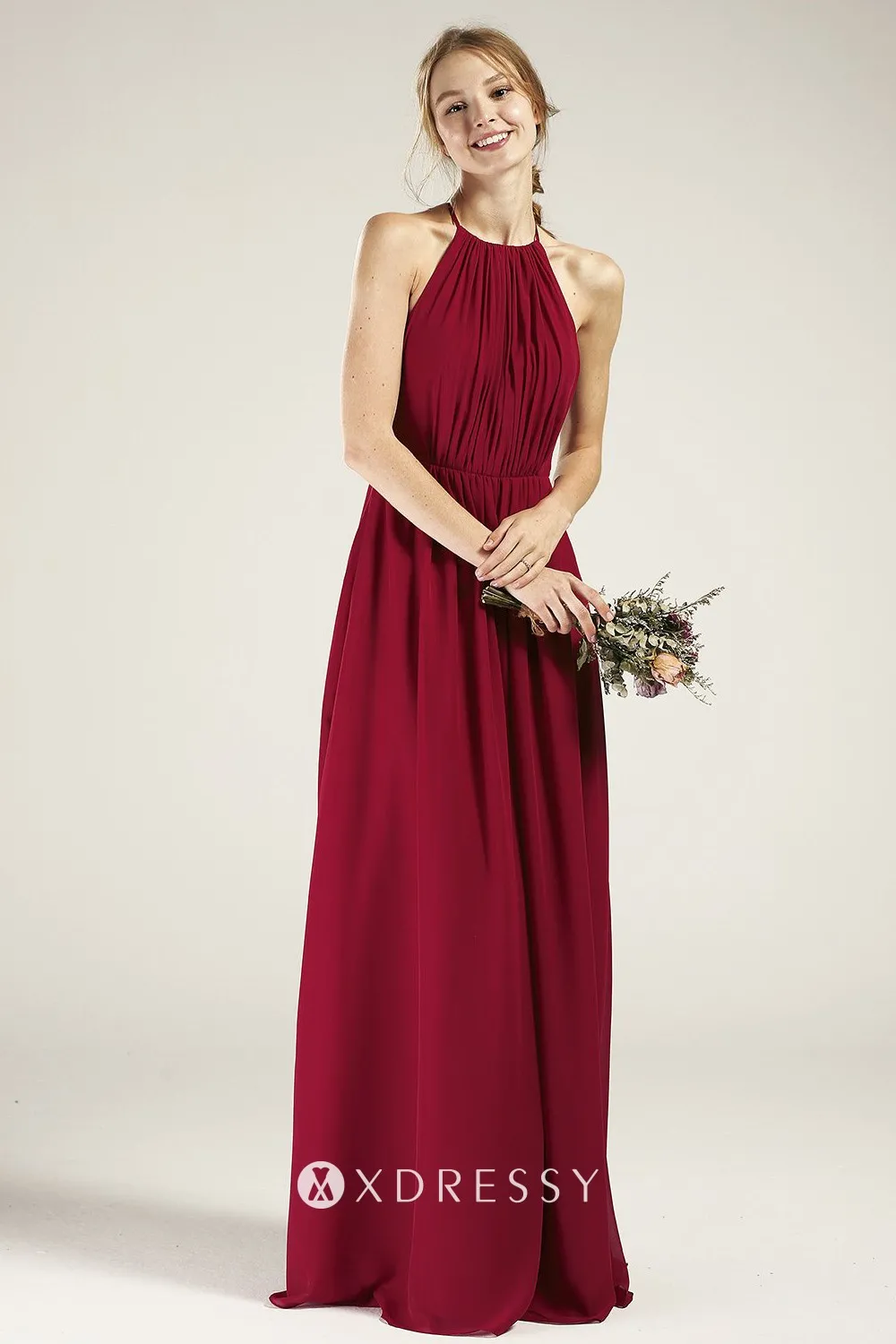 ruched halter ruffled back ruby chiffon long dress ruched halter ruffled back ruby chiffon long dress