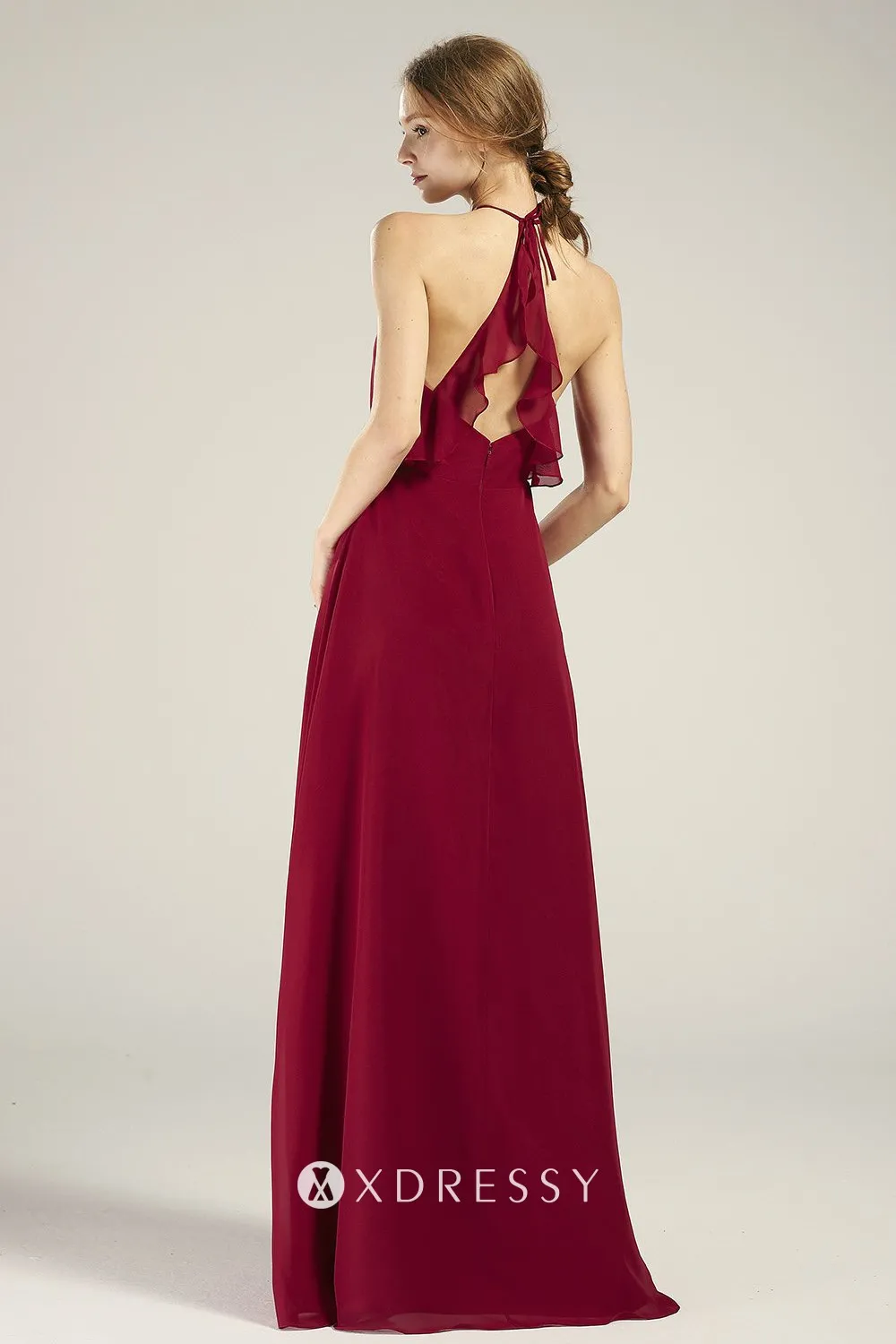 ruffled triangular back ruby chiffon long dress ruffled triangular back ruby chiffon long dress