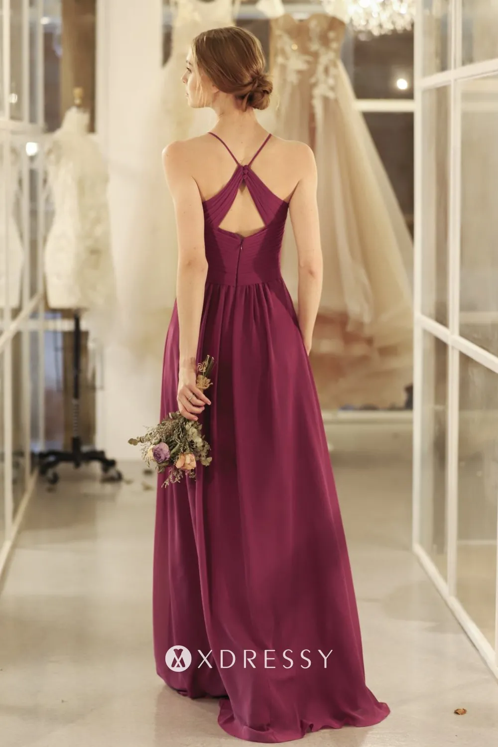cut out strap back wine bridesmaid dress