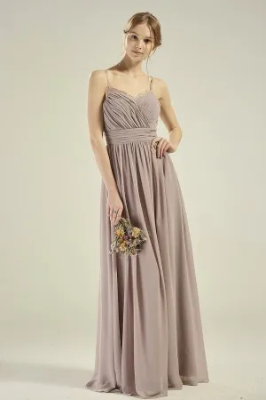 pleated straps mocha nude long chiffon bridesmaid dress