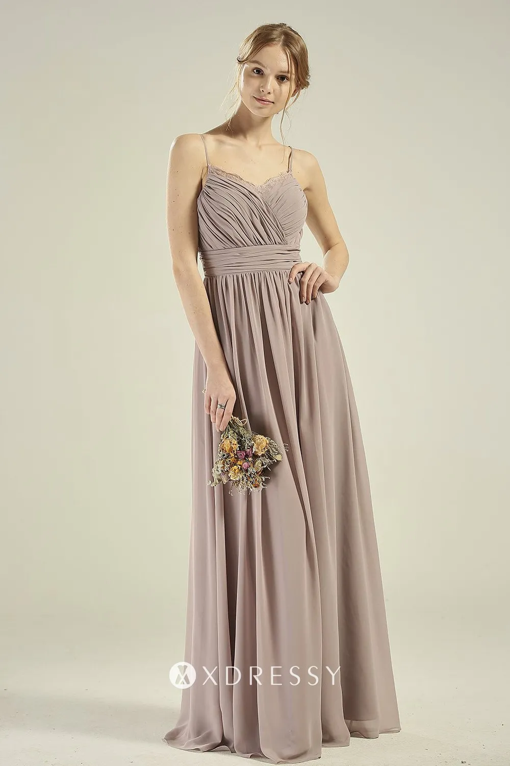 Pleated Straps Mocha Nude Long Chiffon Bridesmaid Dress Xdressy