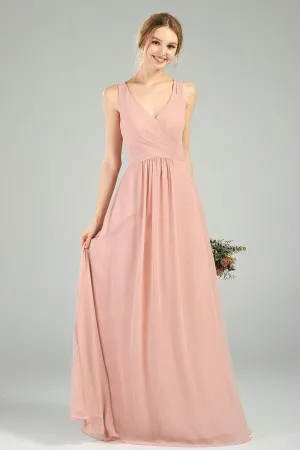 blush straps v neck sleeveless chiffon bridesmaid dress