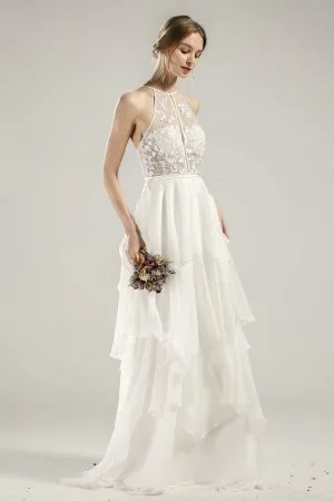 sexy halter sheer lace tiered ivory bridesmaid dress