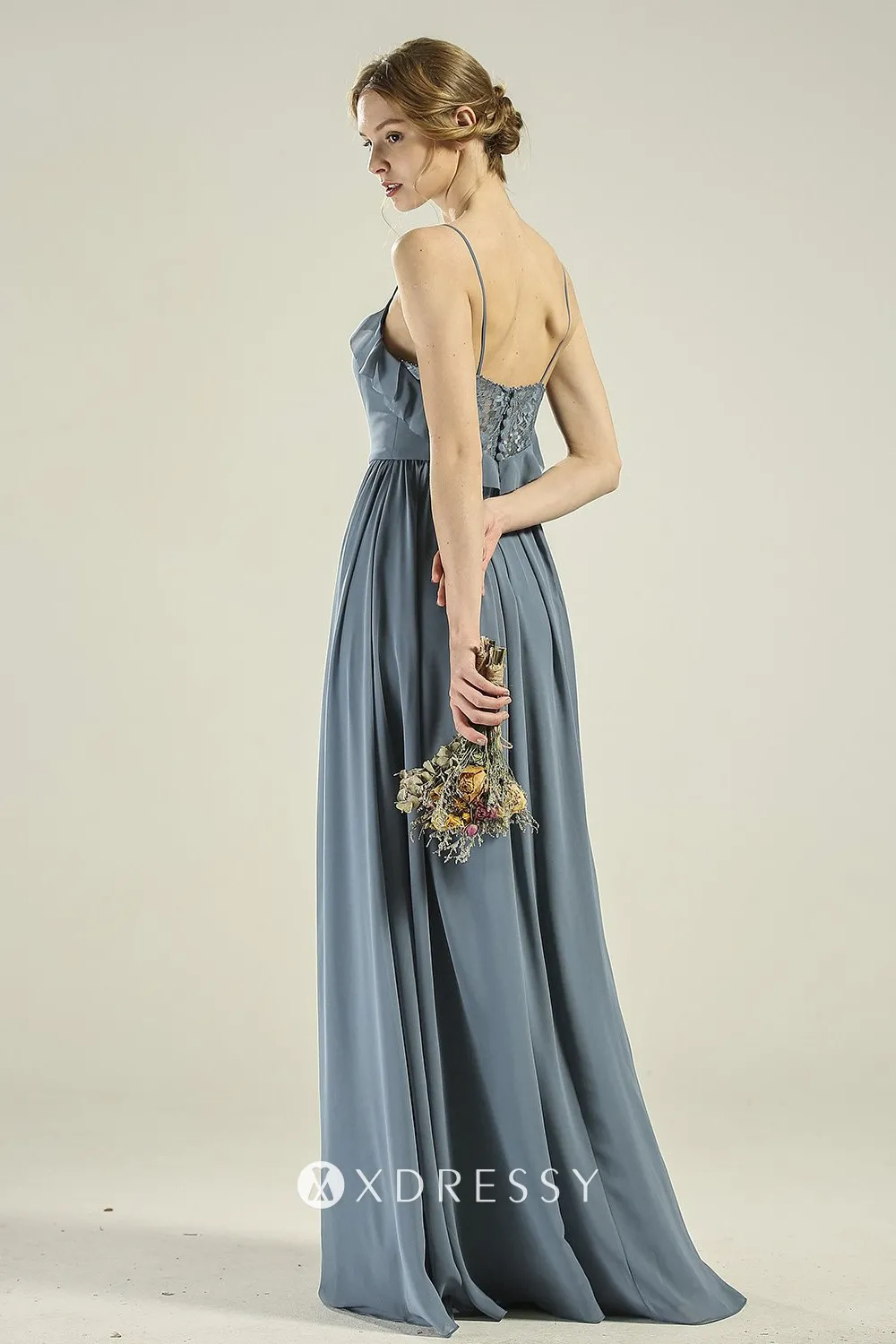 ruffled Low back steel blue long dress ruffled Low back steel blue long dress