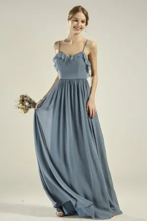 ruffled spaghetti strap v neck steel blue chiffon dress
