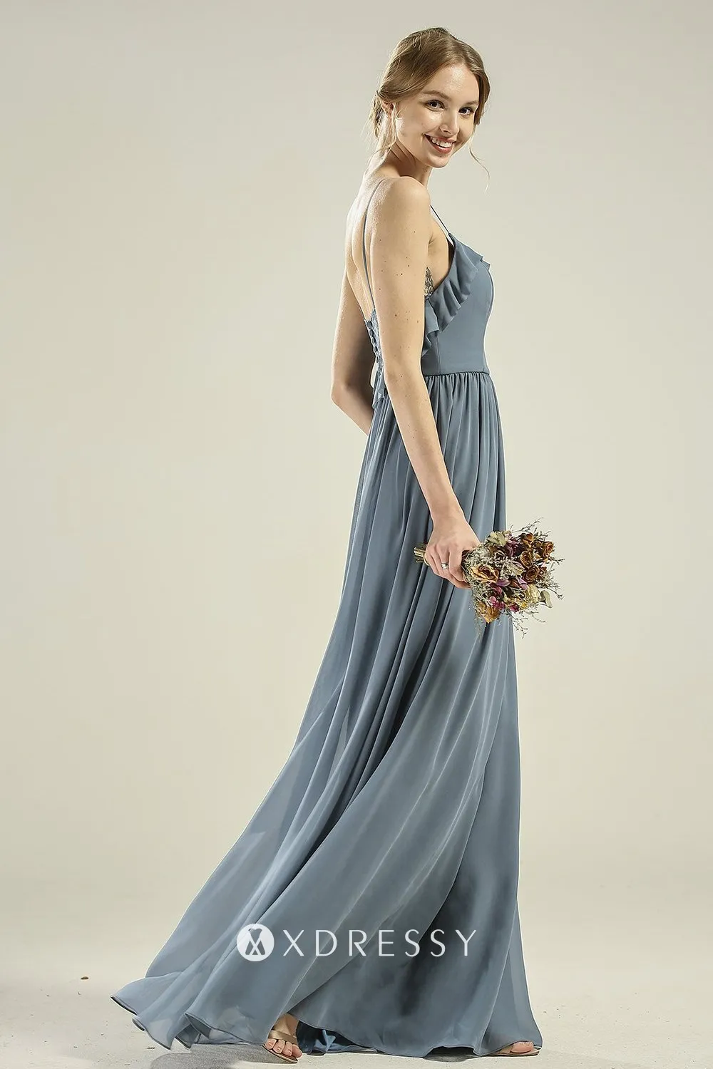 ruffled spaghetti straps steel blue long dress ruffled spaghetti straps steel blue long dress