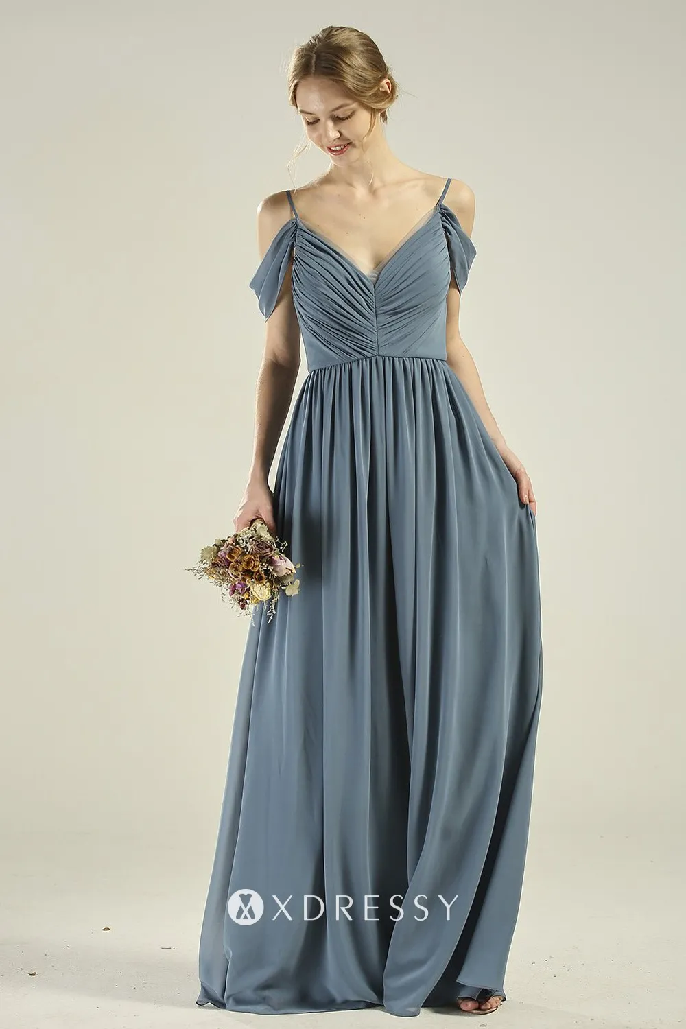 pleated off shoulder V neck steel blue long dress pleated off shoulder V neck steel blue long dress