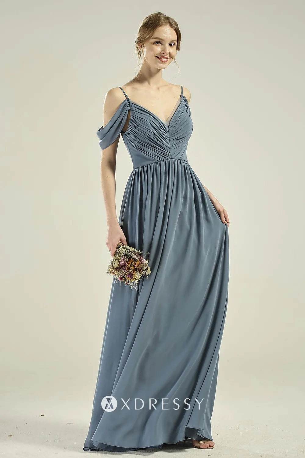 Pleated Steel Blue OffShoulder Straps Chiffon Dress Xdressy