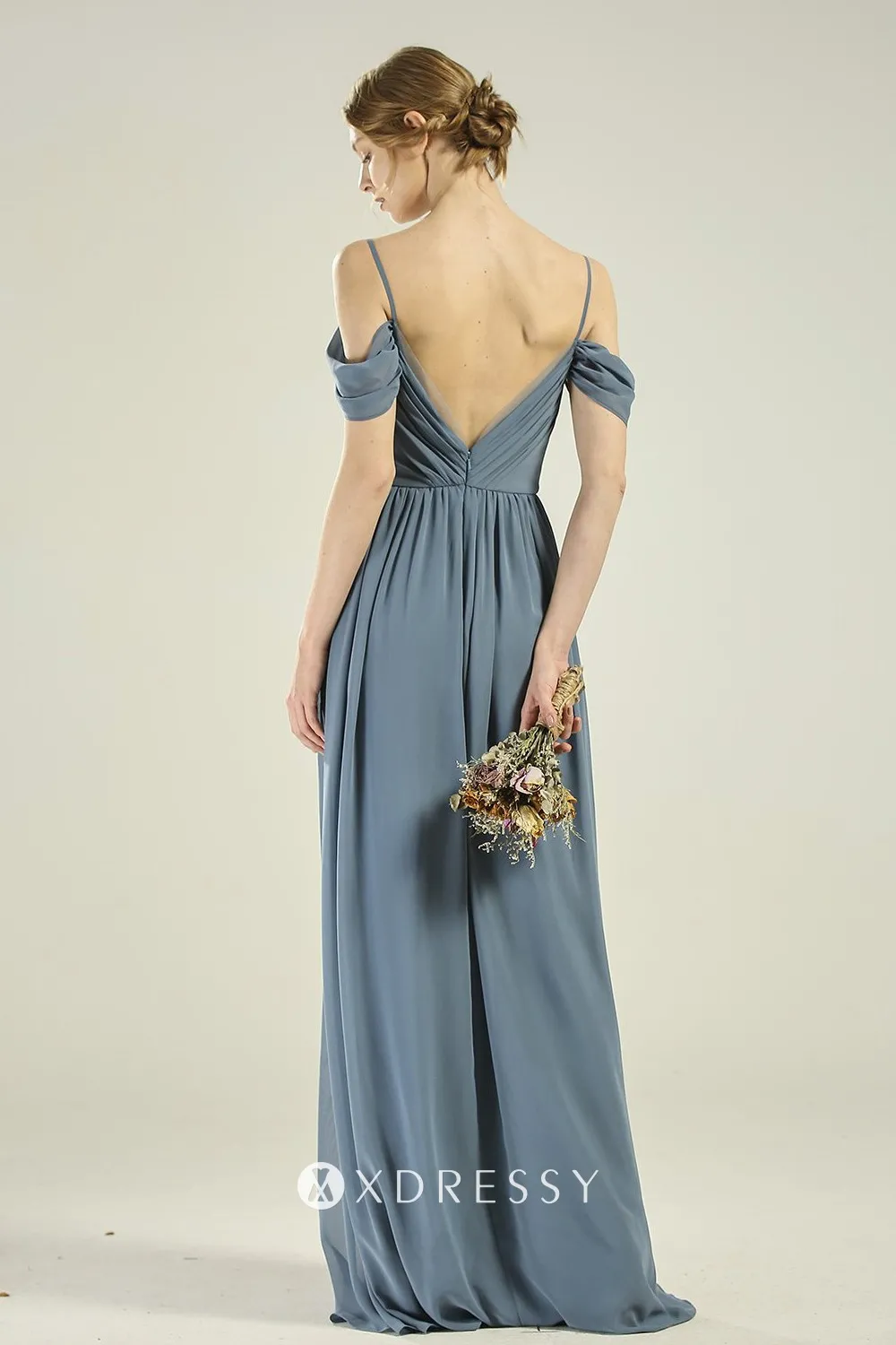 steel blue off shoulder low V back dress steel blue off shoulder low V back dress