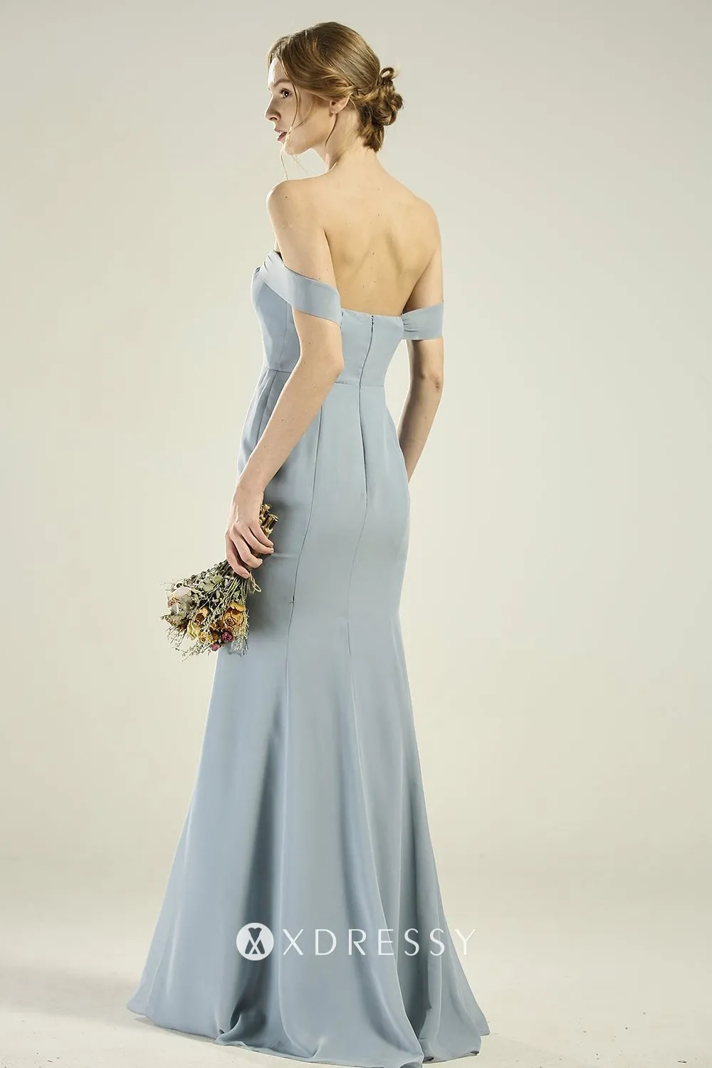 off shoulder open back dusty blue trumpet gown