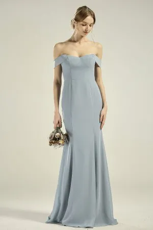 off shoulder sweetheart dusty blue chiffon trumpet gown