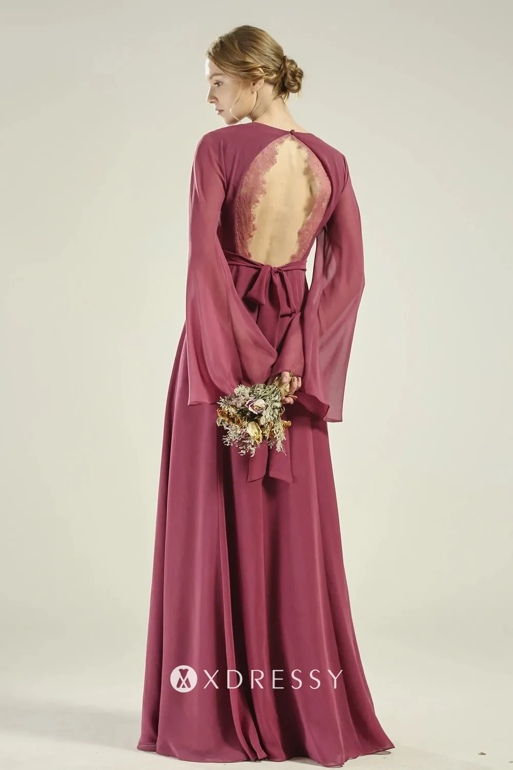 bell sleeves lace trimed open back canyon rose long dress