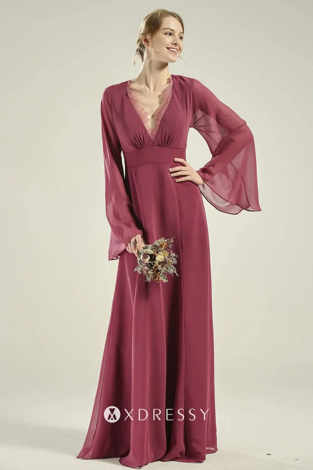 Flutter Sleeves Scoop Chiffon Ruffles Long Dress Coral main image 1
