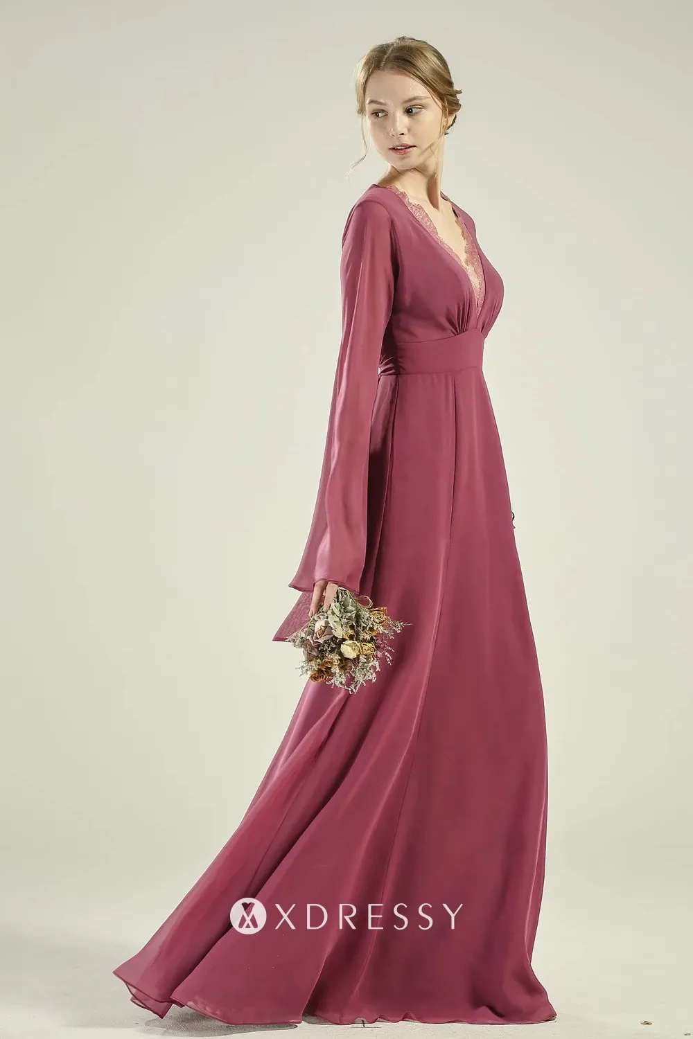 flutter long sleeves canyon rose chiffon dress