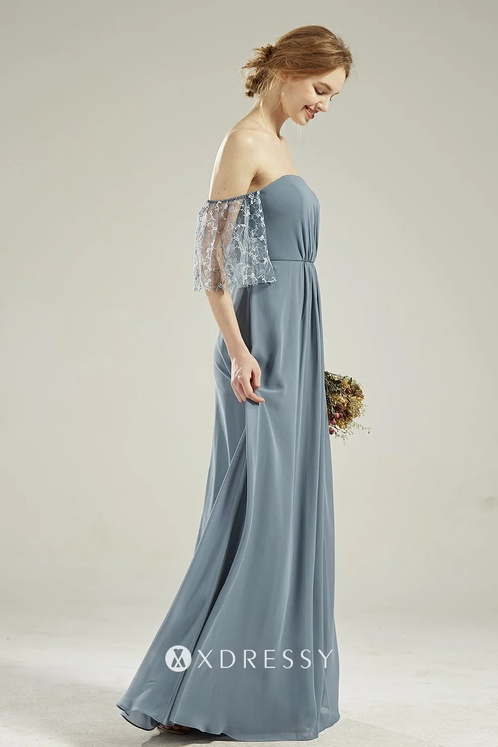off shoulder lace sleeves bridesmaid dress