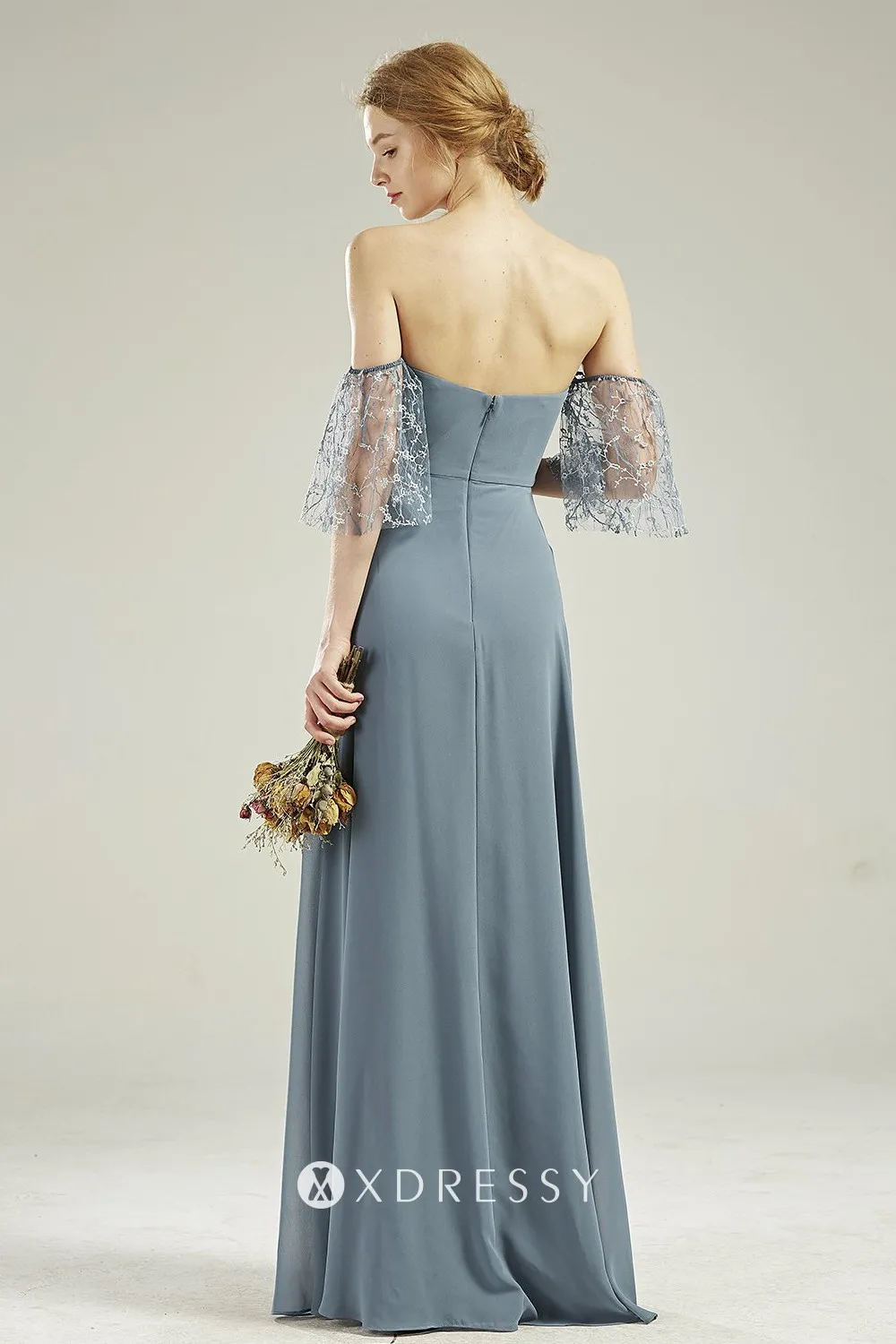 off shoulder lace sleeves long dress