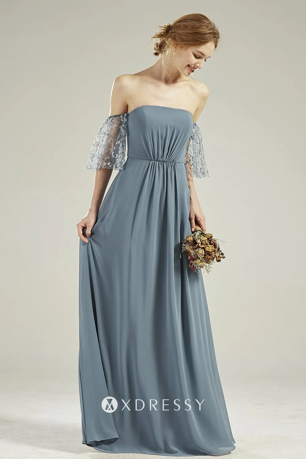 off shoulder sheer lace sleeves long dress