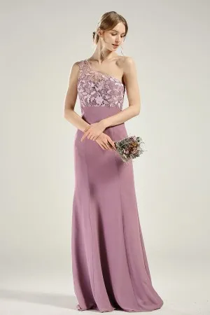 one shoulder lace chiffon mauve bridesmaid gown