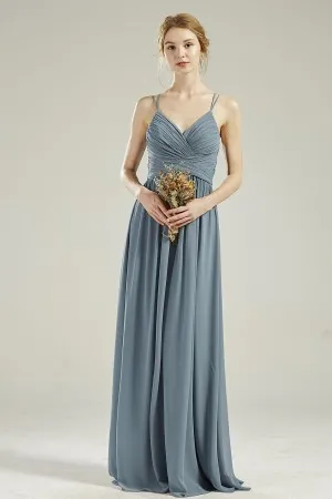 steel blue pleated thin straps chiffon bridesmaid dress