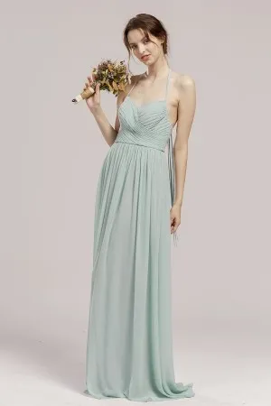 halter strap sweetheart neck pleated mint long dress