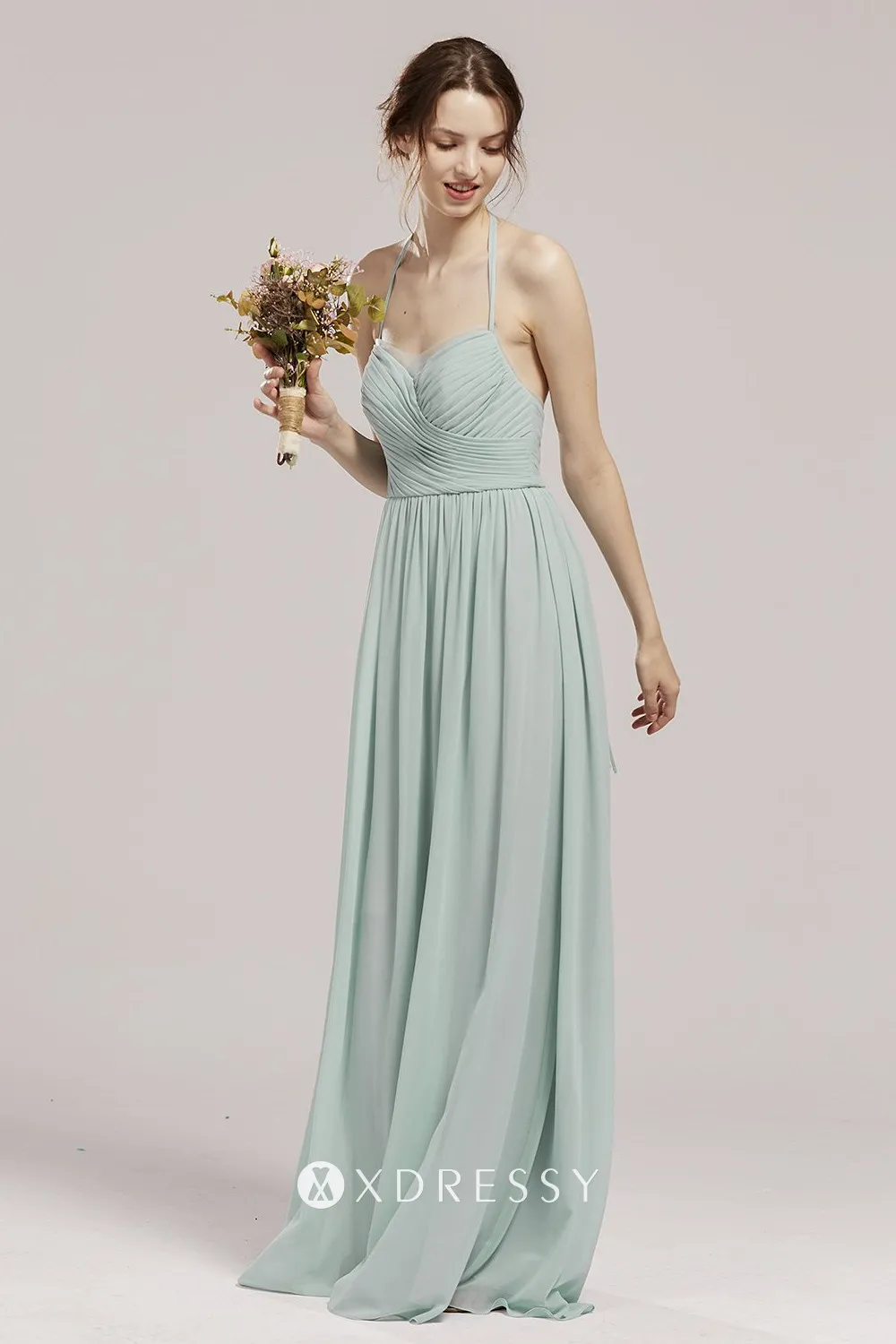 halter straps pleated mint long dress