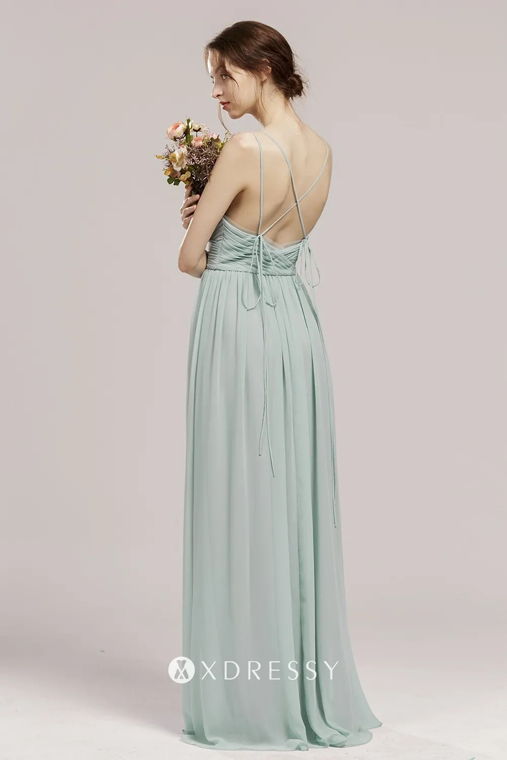 spaghetti straps low back mint long dress