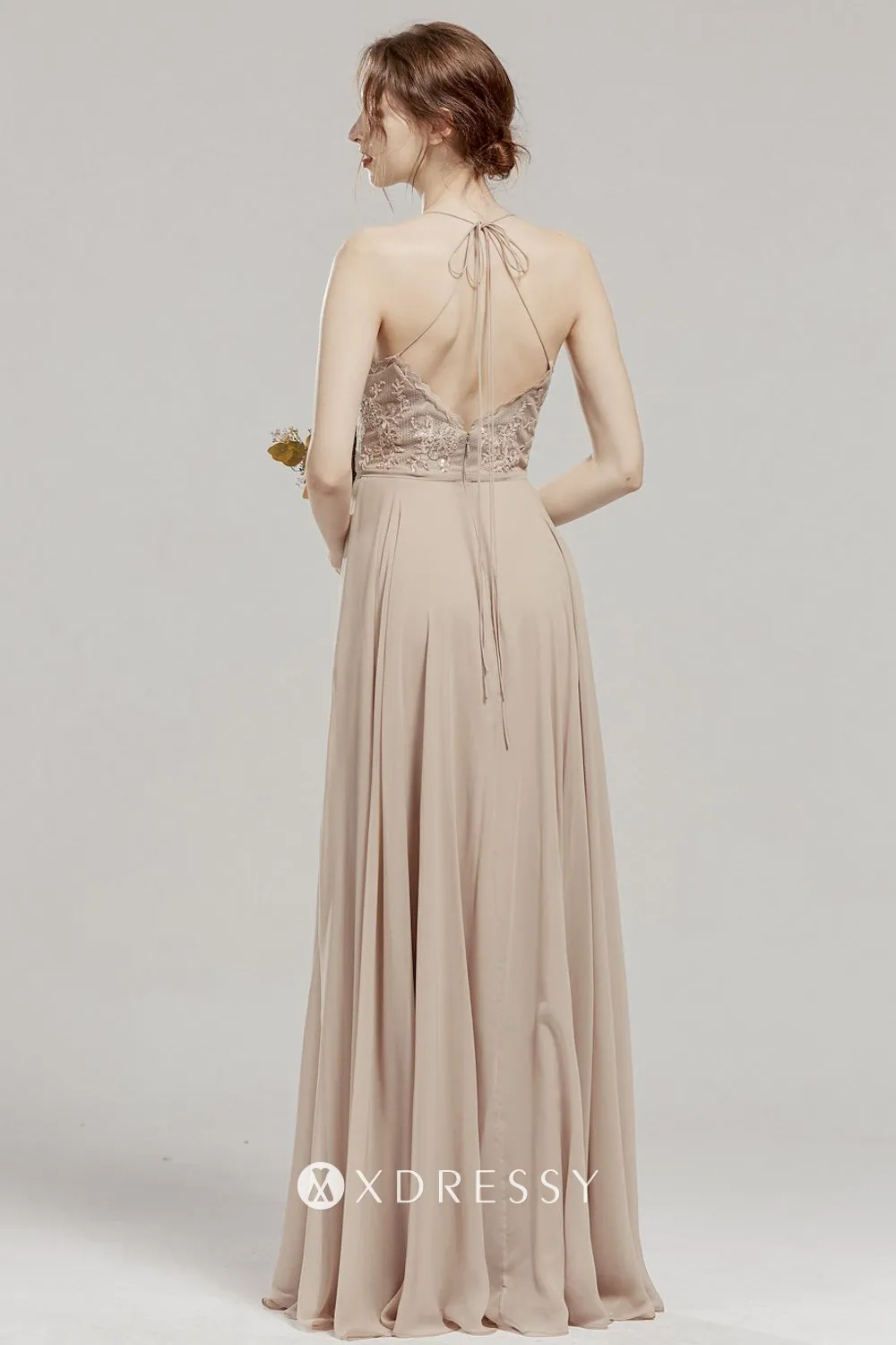 nude adjustable straps low back long dress