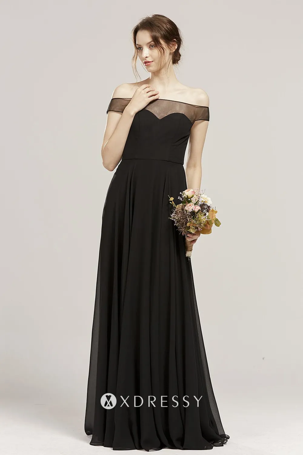 black off shoulder chiffon bridesmaid dress