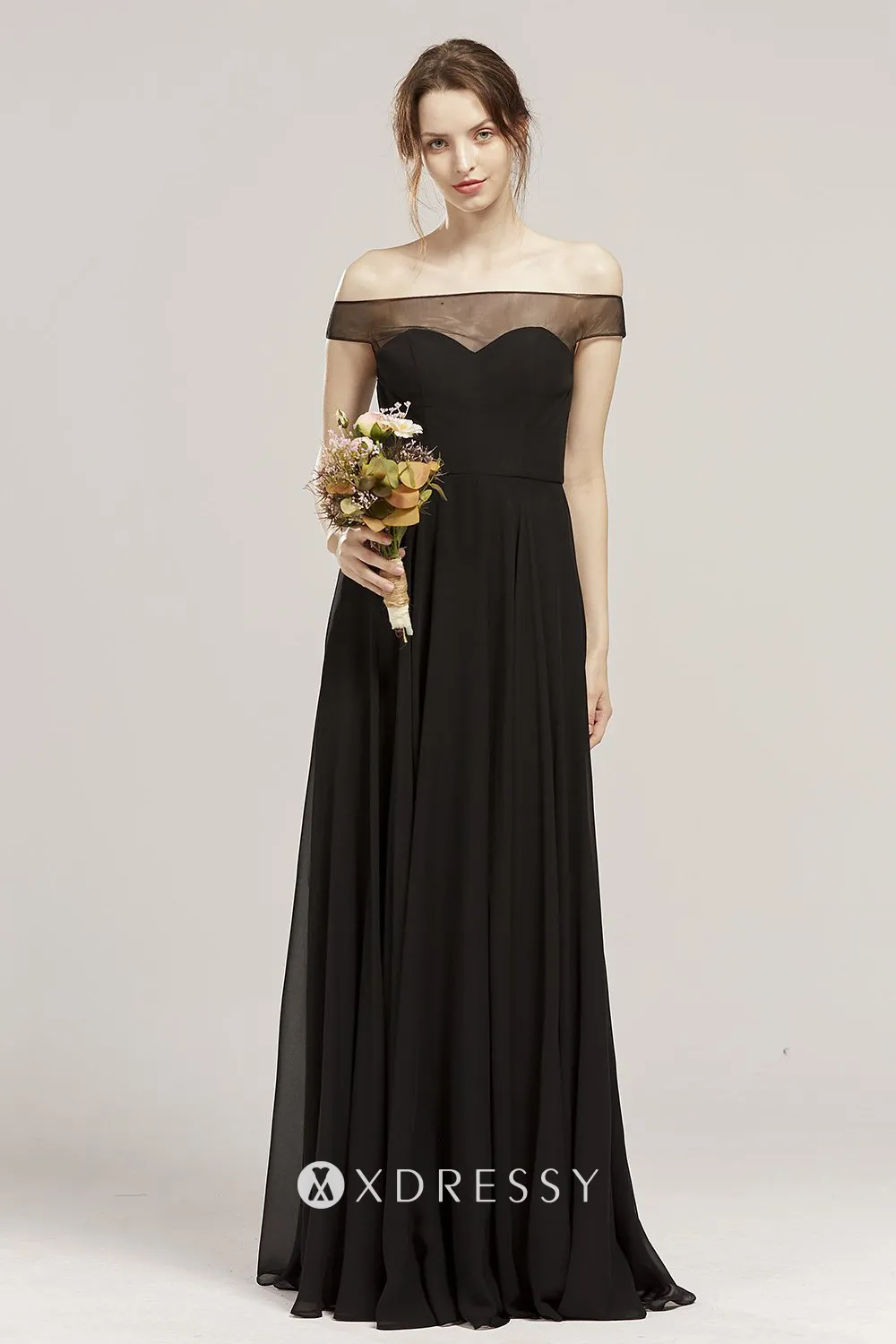Affordable Black Off-the-shoulder Long Chiffon Bridesmaid Dress main image 1