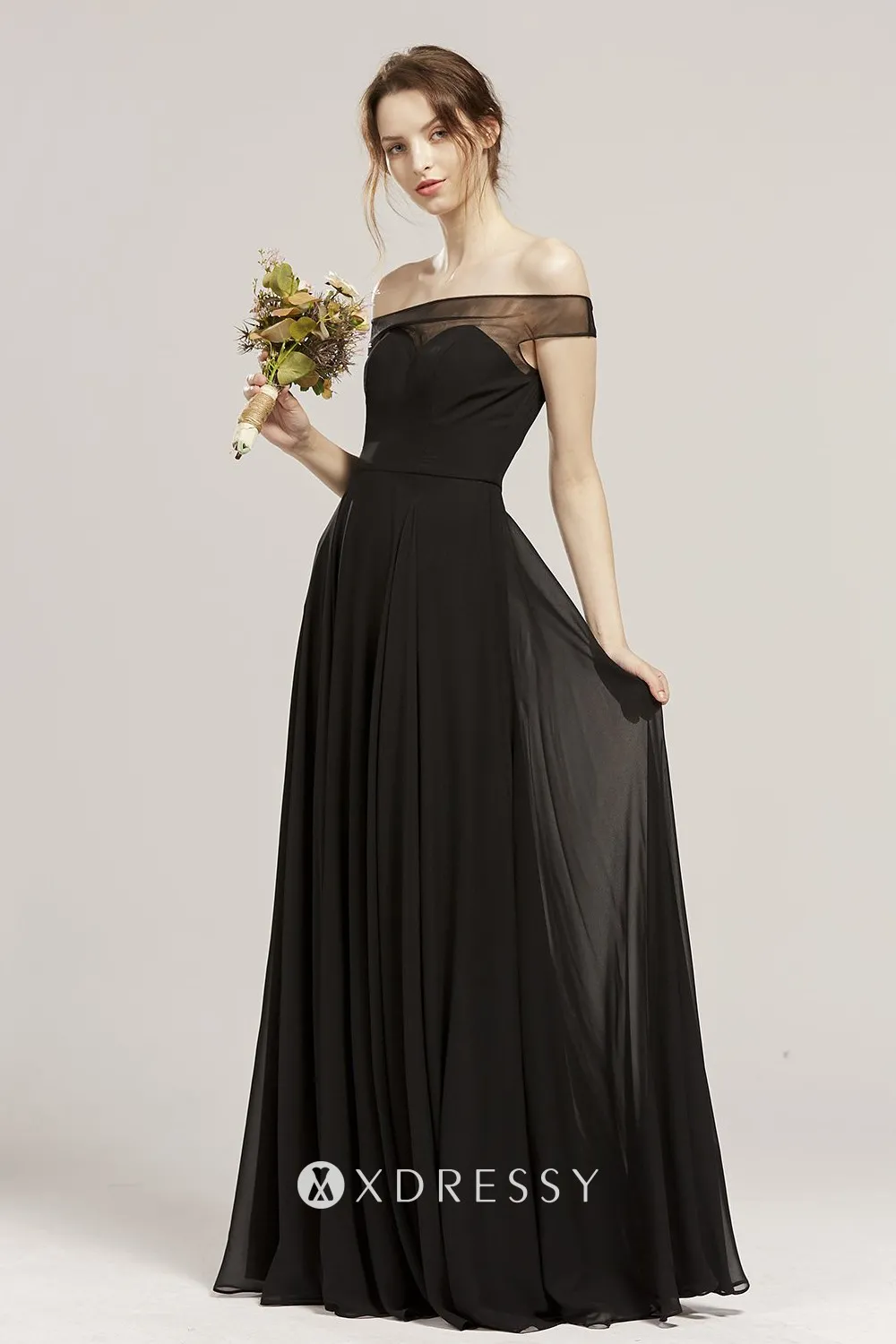 transparent mesh off the shoulder black long dress